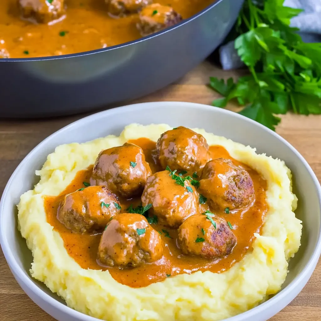 Succose polpette in salsa alla panna con purè di patate