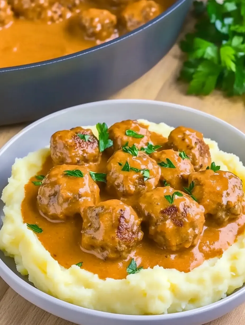 Polpette saporite in salsa cremosa su purè di patate