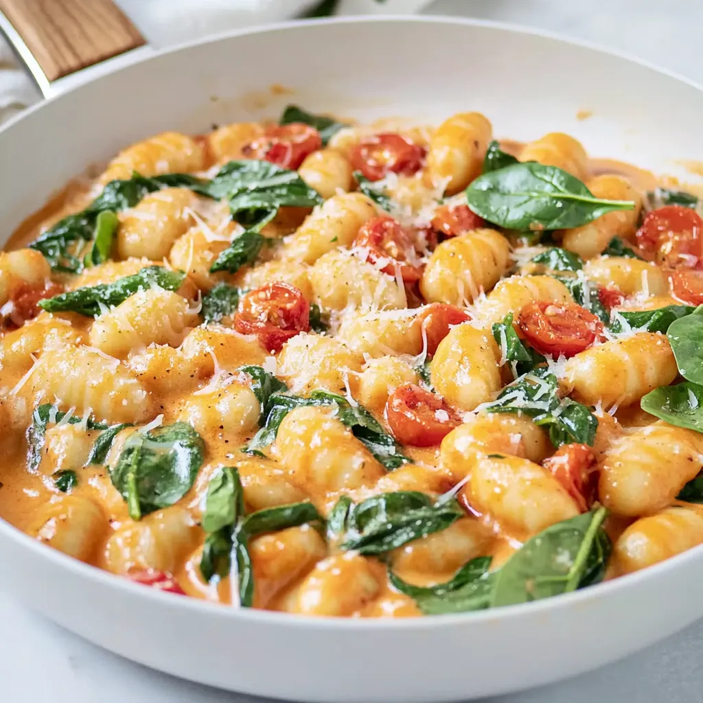 Padella di gnocchi con spinaci e pomodori