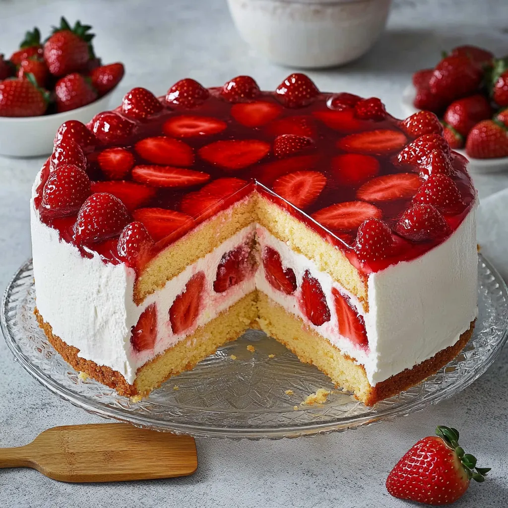 Torta di fragole con base di pan di spagna e ripieno di ricotta e panna