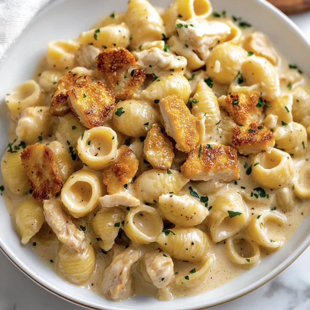 Una ciotola di pasta con pollo e formaggio.