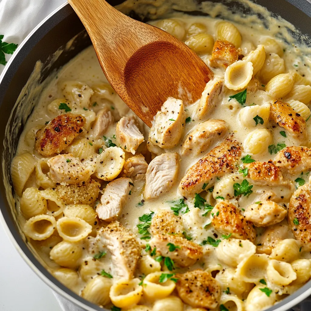 Una ciotola di maccheroni al formaggio con pollo.