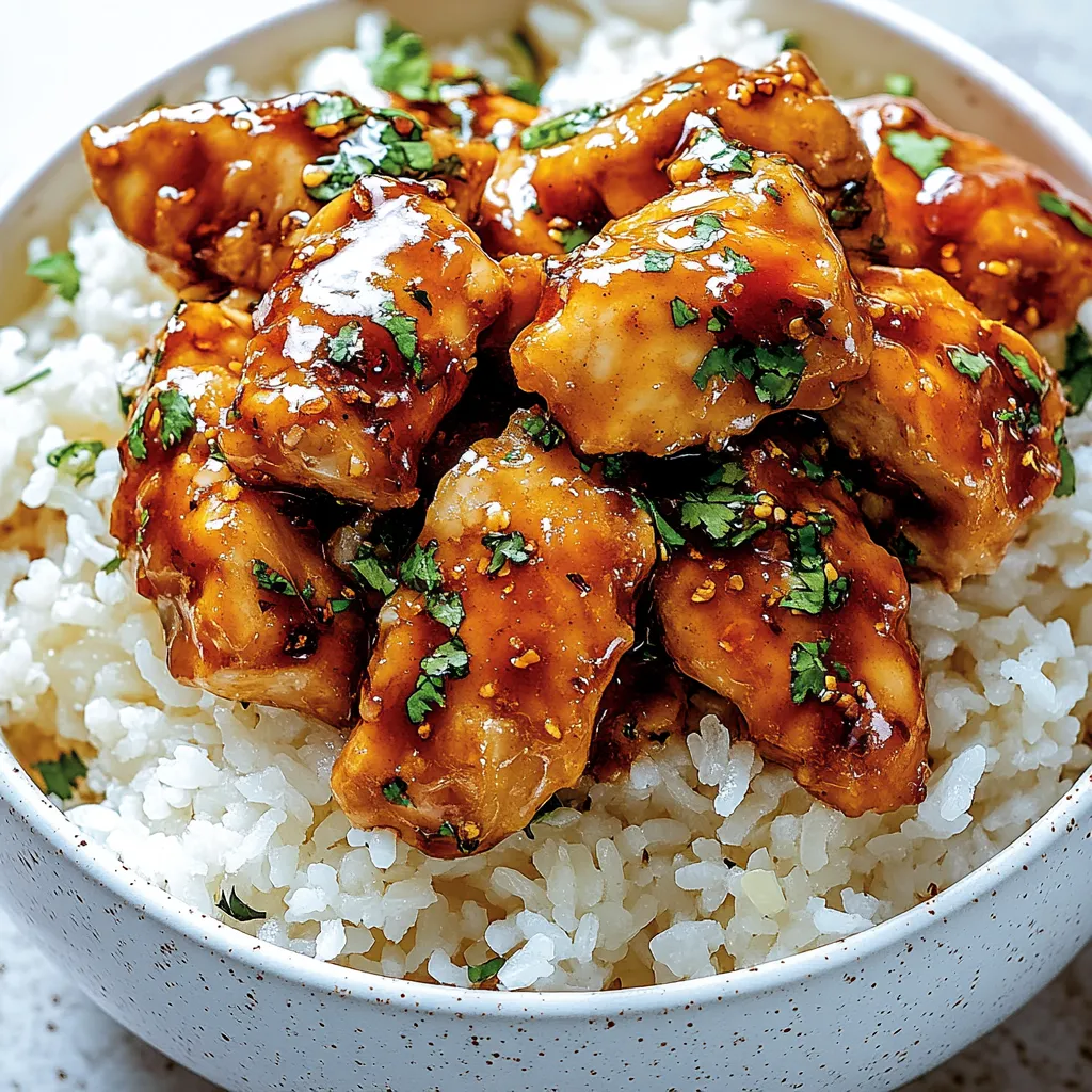 Una ciotola di riso con pollo e salsa.