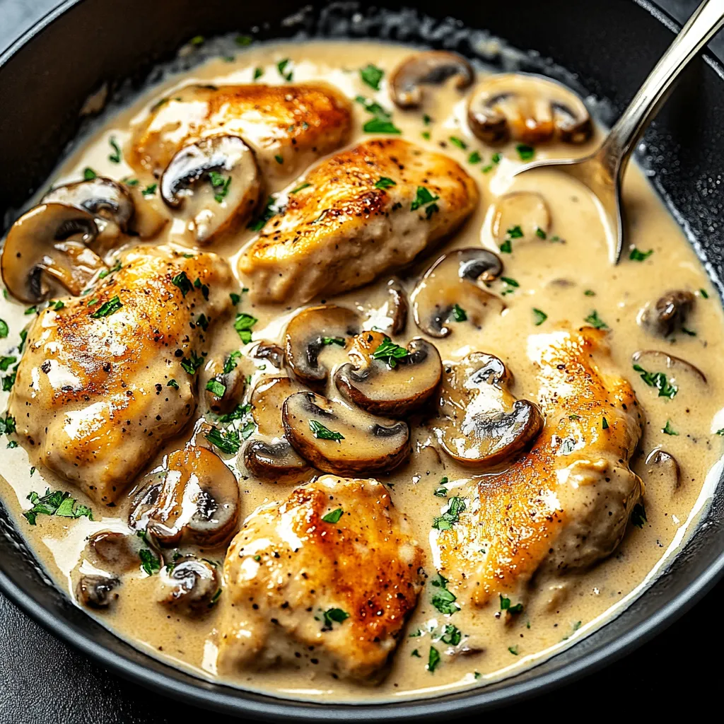Una ciotola di pollo con funghi ed erbe.