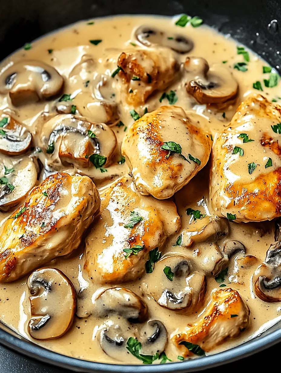 Pollo con funghi in una salsa marrone.