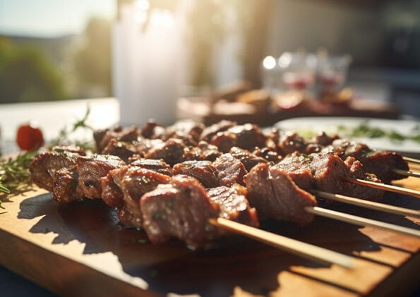 Arrosticini succulenti e dorati, grigliati alla perfezione e conditi con erbe aromatiche, pronti per essere gustati in una serata estiva.