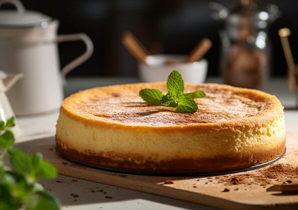 Cheesecake Cotta dorata, guarnita con una foglia di menta, pronta per essere servita come dolce raffinato a base di formaggi freschi e burro, con un tocco finale di dulce de leche.