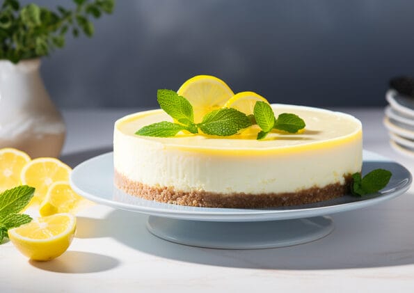 Cheesecake al Limone decorata con fettine di limone e menta fresca, un dessert fresco e invitante che unisce la croccantezza della base biscotto alla cremosità del formaggio.