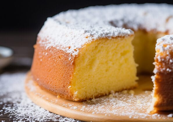 Ciambellone soffice spolverato con zucchero a velo, pronto per arricchire le pause dolci della giornata, preparato con ingredienti classici per un sapore autentico.