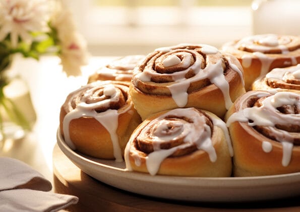 Cinnamon Rolls appena sfornati su un piatto, pronti per rendere la colazione un momento dolce e speciale.