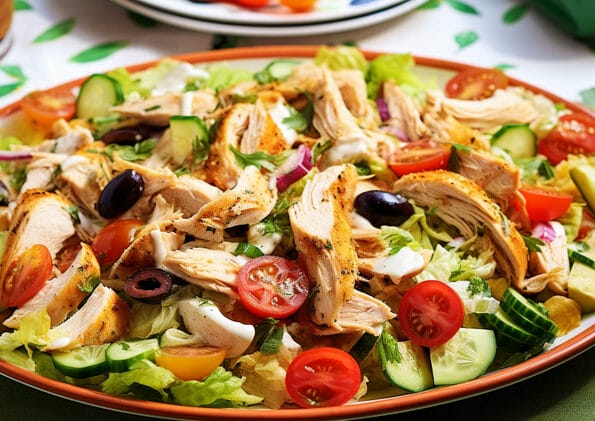 Appetitosa insalata di pollo arricchita con fresche verdure e olive nere, un piatto equilibrato e invitante per un pasto salutare.