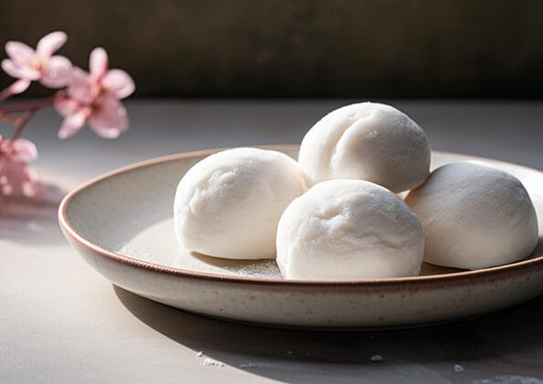 Mochi giapponesi fatti in casa serviti in una ciotola elegante, con delicate sfumature di ciliegio in fiore sullo sfondo.