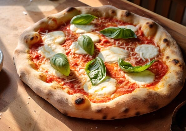 Pinsa Romana appena sfornata, guarnita con passata di pomodoro, mozzarella filante e foglie di basilico fresco su un tagliere in legno, evocando la tradizione culinaria romana con ingredienti di qualità.