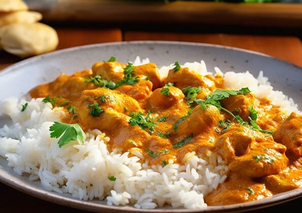 Succulento pollo al curry servito con riso basmati e guarnito con coriandolo fresco, un classico della cucina indiana per una cena ricca di aromi.