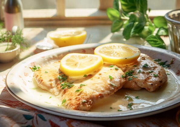 Deliziose scaloppine al limone, piatto classico della cucina italiana, servite con fettine di limone fresco e guarnite con prezzemolo, in una presentazione casalinga e invitante.