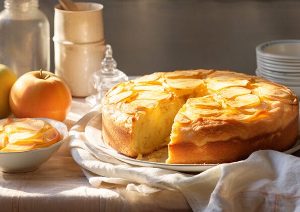 Una deliziosa Torta di Mele Tradizionale appena sfornata, dorata e guarnita con fette di mela, accompagnata da ingredienti freschi sulla tavola, invitante per una colazione o dessert casalingo.