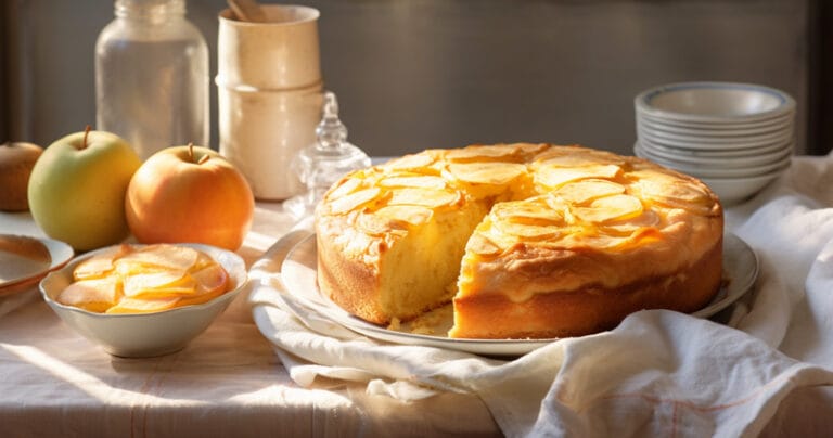 Una deliziosa Torta di Mele Tradizionale appena sfornata, dorata e guarnita con fette di mela, accompagnata da ingredienti freschi sulla tavola, invitante per una colazione o dessert casalingo.