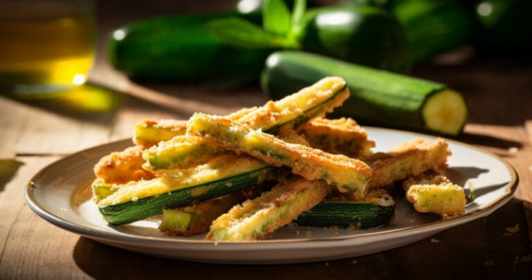Zucchine al forno dorate e croccanti servite su un piatto, con zucchine fresche e olio d'oliva sullo sfondo, ideali per un pasto sano e gustoso.