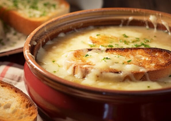 Una tradizionale ciotola di Zuppa di Cipolle ricoperta di formaggio fuso e una fetta di pane tostato, guarnita con prezzemolo tritato, che esalta il ricco e saporito carattere del piatto.